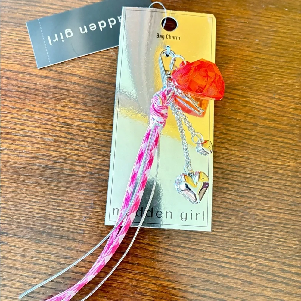 Madden Girl Silver Heart Bag Charm, Key Chain with Red and Pink Accents